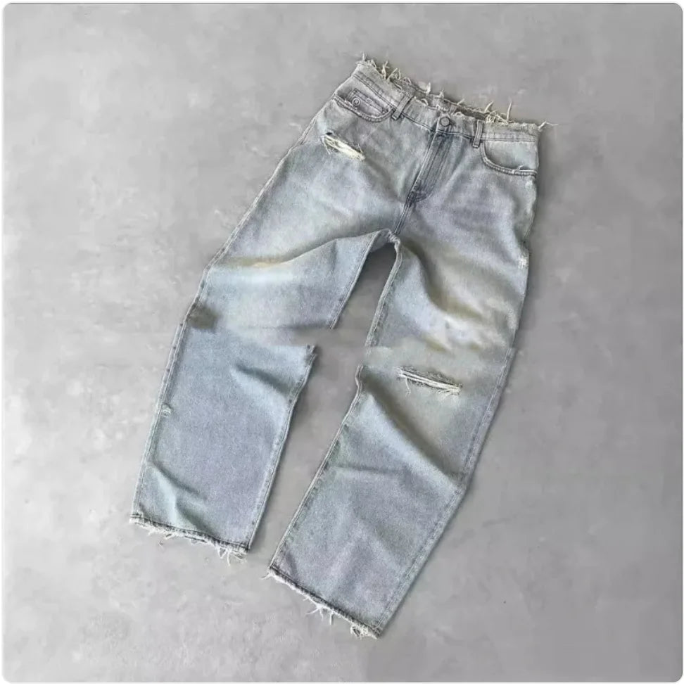 Men's Embroidered Ripped Straight-Leg Jeans