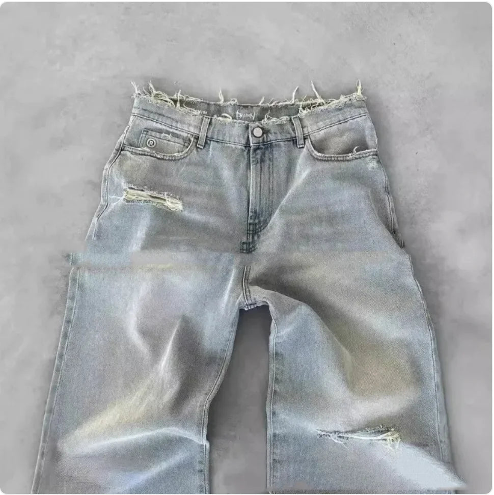 Men's Embroidered Ripped Straight-Leg Jeans