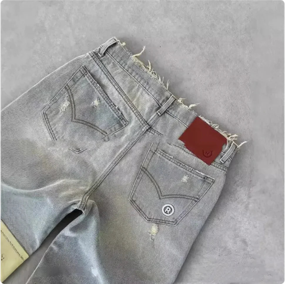 Men's Embroidered Ripped Straight-Leg Jeans